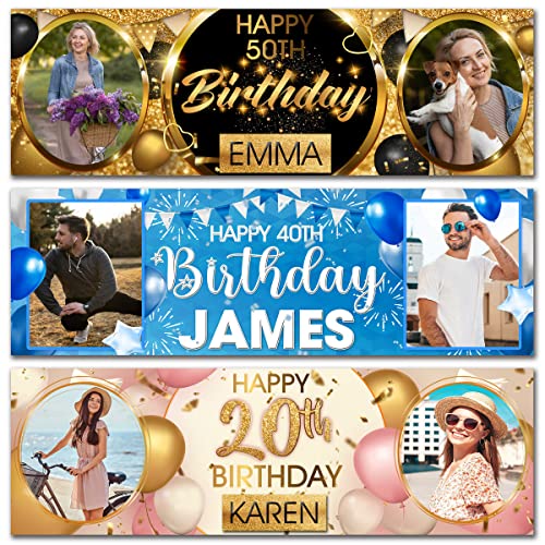 2 personalised birthday banner photo gold black party decoration balloon celebration anniversary -18th 20th 30th 40th 50th birthday man woman kids gift