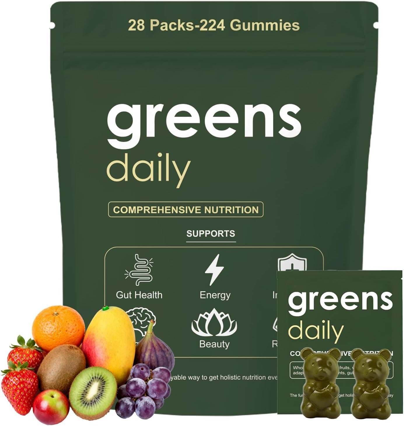 Super Green Gummies – 28 Day Supply, 224 Plant-Based with Super Greens Blend – Vitamins & Minerals for Gut Health, Energy & Immunity – Vegan, Gluten-Free – 224 Gummies