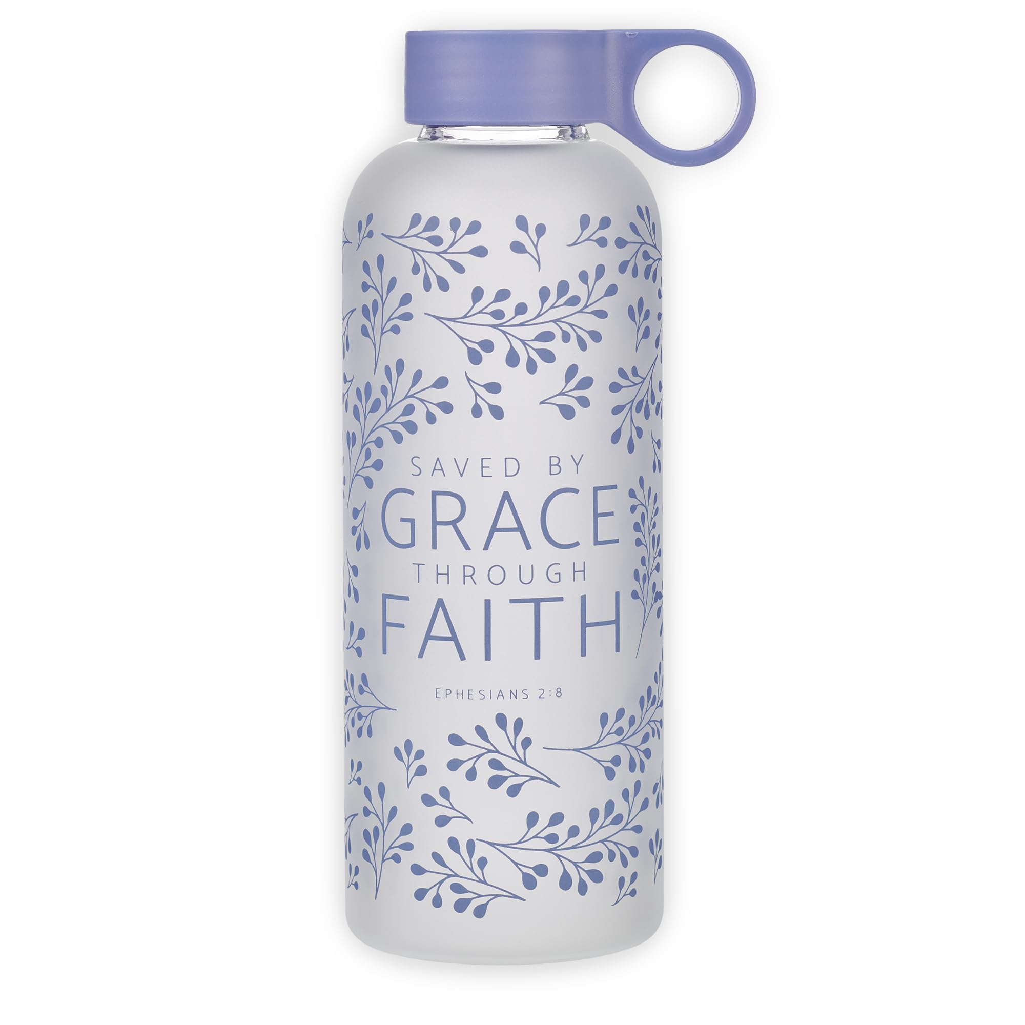 Christian Art Gifts BPA-Free Reusable Inspirational Frosted Glass Water Bottle for Women & Girls: Saved by Grace Encouraging Bible Verse, Carry Handle Loop, Twist Cap Lid, Lilac Purple Floral, 17 oz.