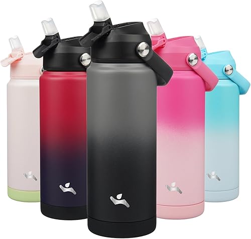 Botella de agua aislada con tapa con pajilla, botella de metal al vacío de acero inoxidable de 24 onzas con mango de silicona, gris y negro