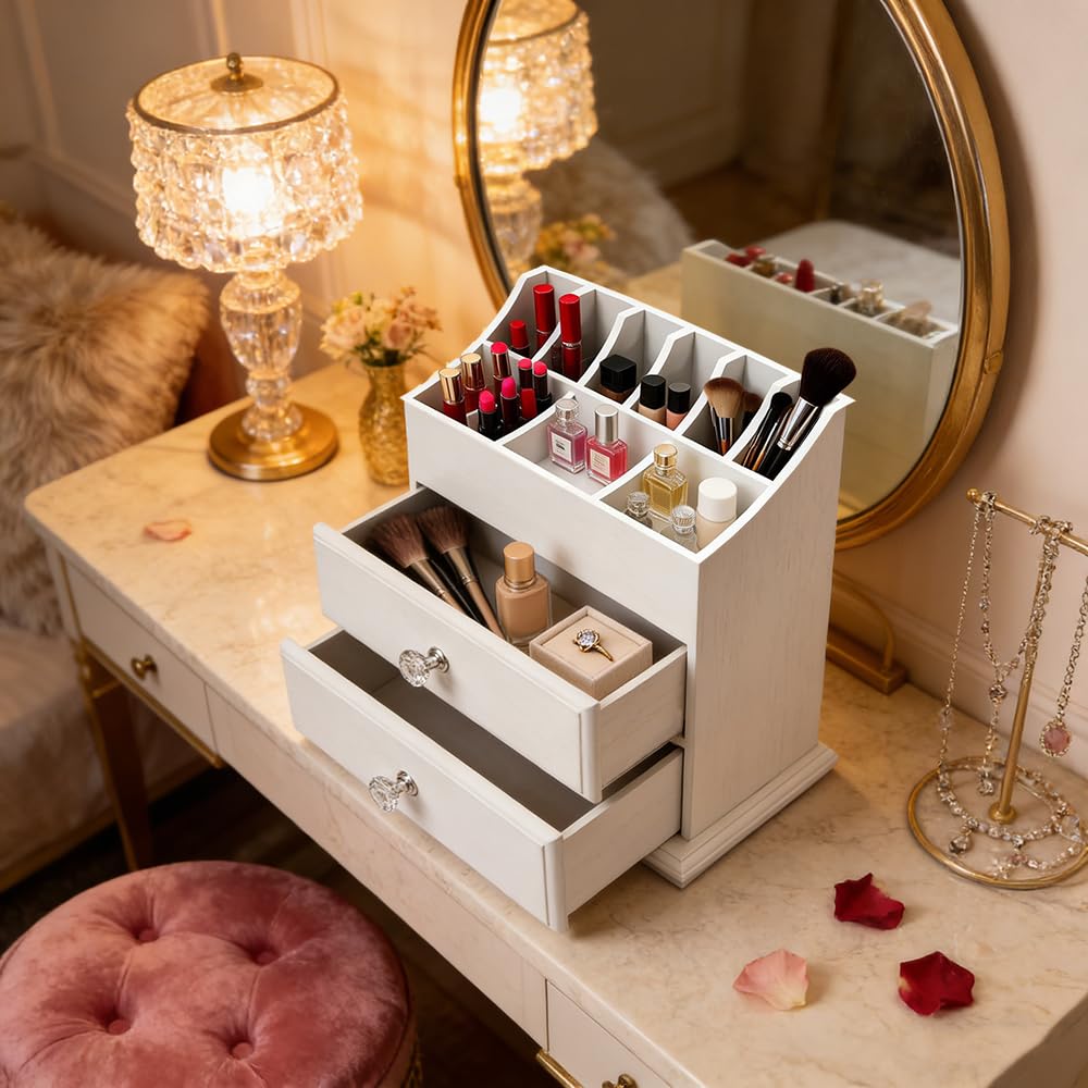 Weißer Kosmetik-Organizer aus Holz für Make-up und Beauty-Accessoires, Aufbewahrungsregal mit Schubladen für ordentliche und organisierte Aufbewahrung von Make-up-Werkzeugen