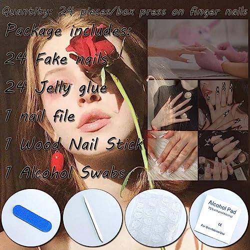 24Pcs Coffin Medium Press On Nails Square Almond Fake Nails With Star Heart Designs Black Glitter French Nail Tip Artificial Nails Glossy Full Cover Nail Stick On Nails For Women Nail Art Decorations #TOP4