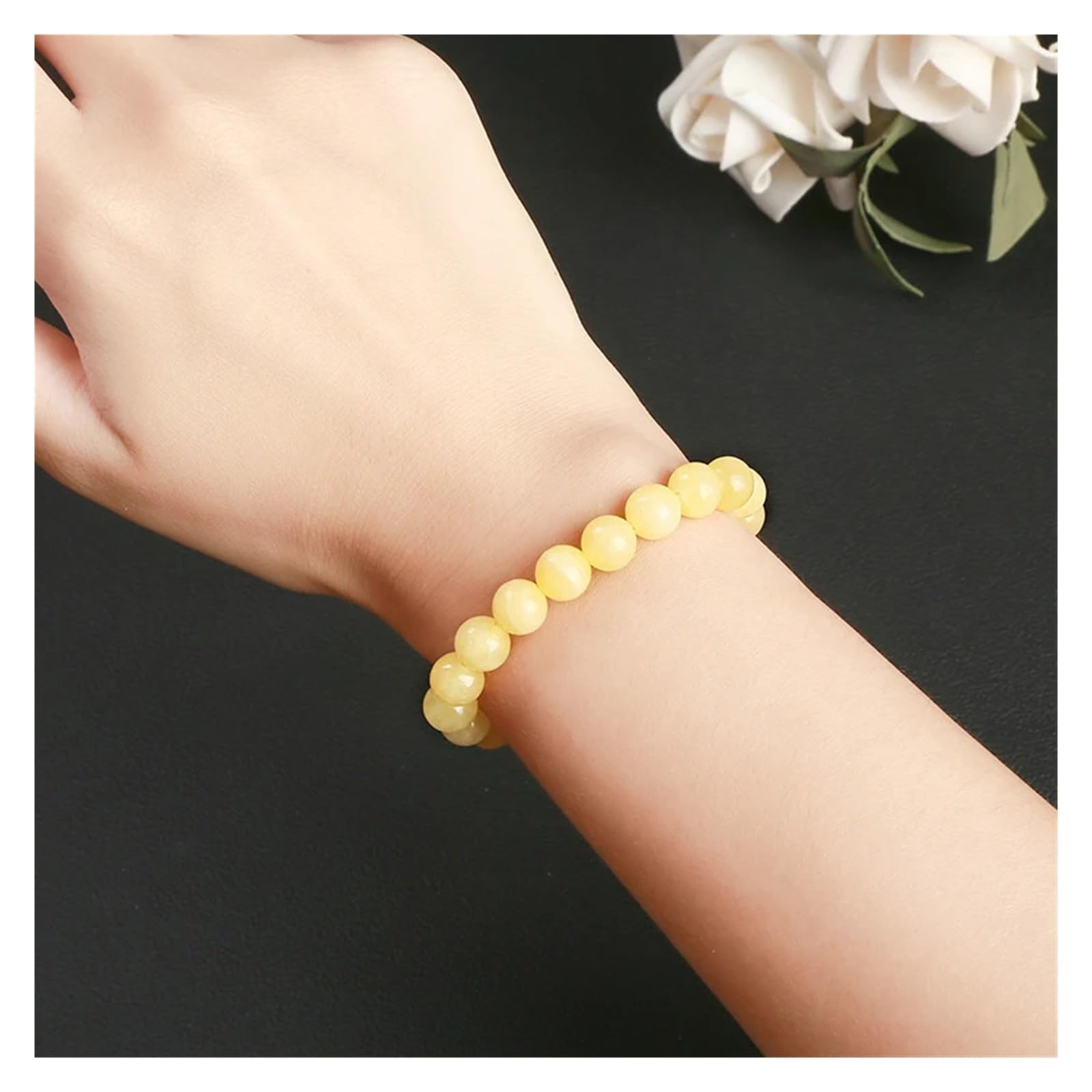 Generico Bracciale con perline rotonde in giada gialla, pietra, donna, uomo, braccialetti elasticizzati jewerly