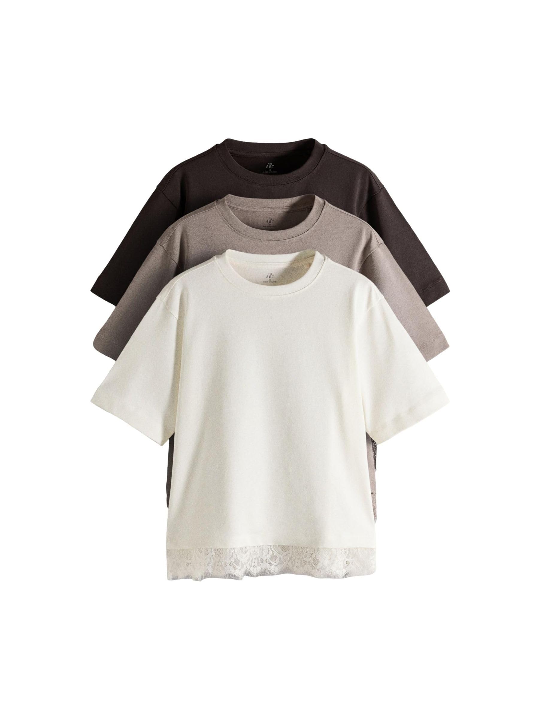 THE SET Donne Confezione da 3 T-Shirt Leggere con Finiture in Pizzo