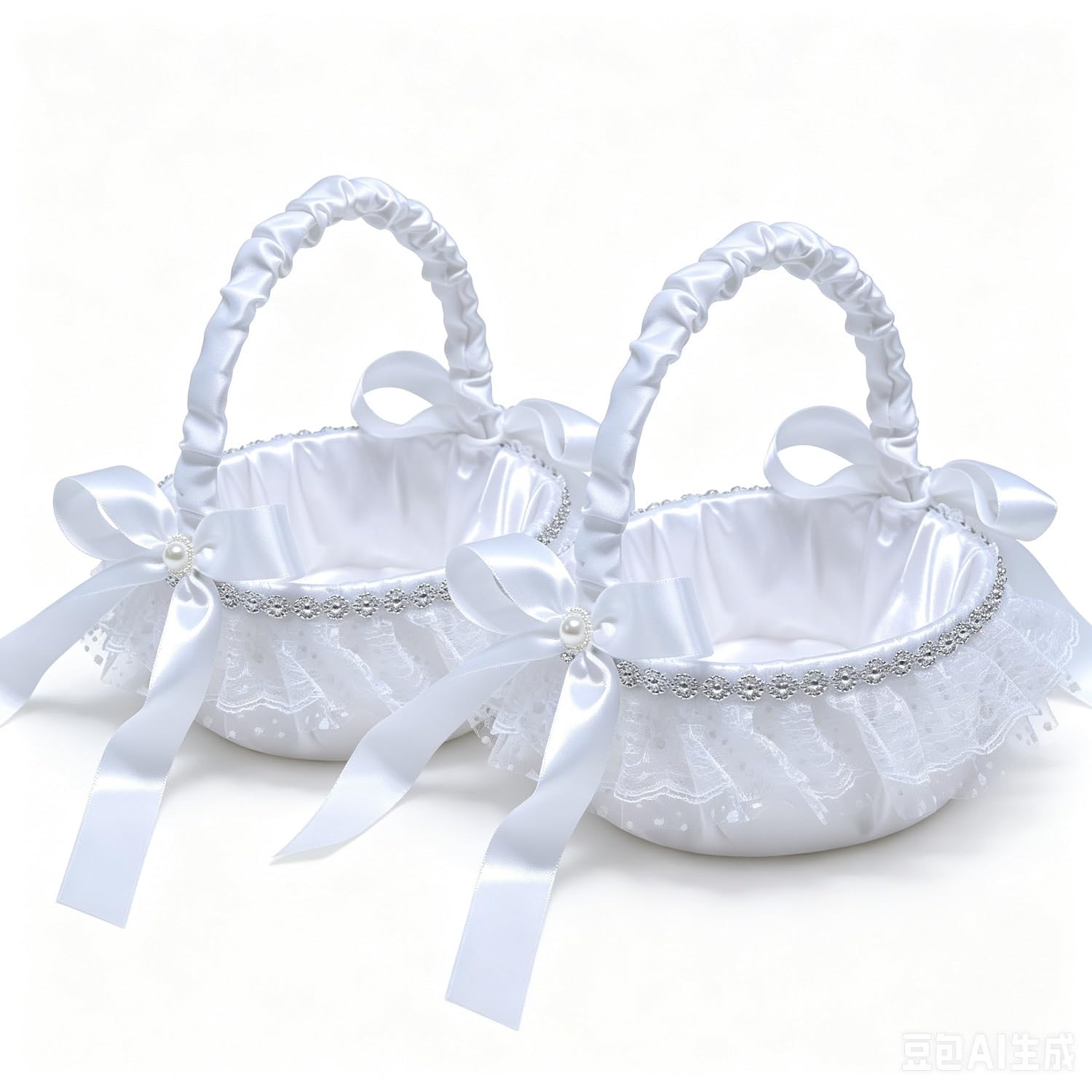 Bafnsiji 16cm Satin Lace Flower Girl Basket with Pearl Bow - Wedding Decor