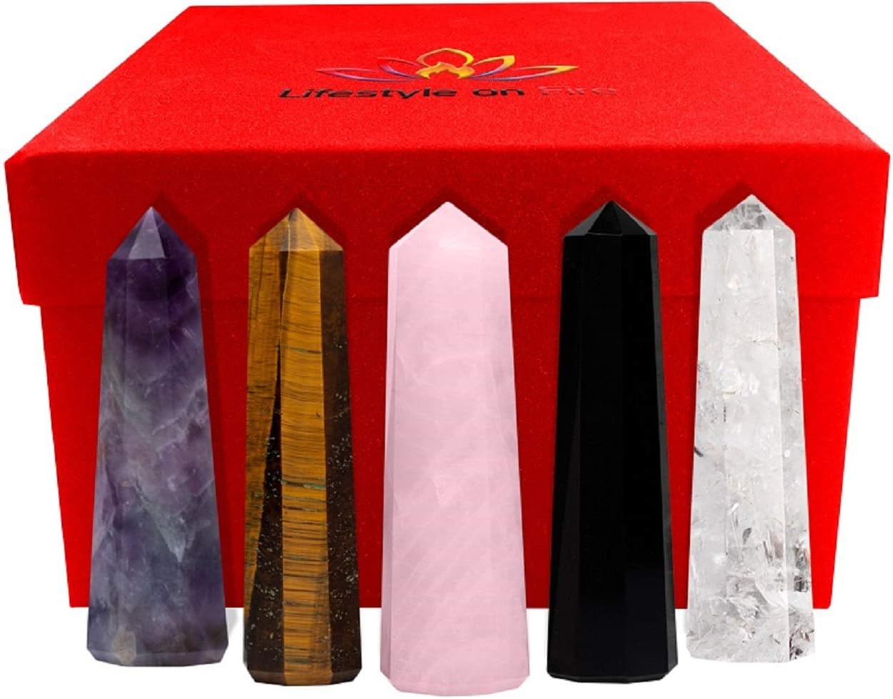 Set of 5 Three Inch Long Wands - Crystals and Healing Stones Set Includes Clear Quartz, Amethyst Crystal, Tiger Eye Stone, Rose Quartz and Black Obsidian