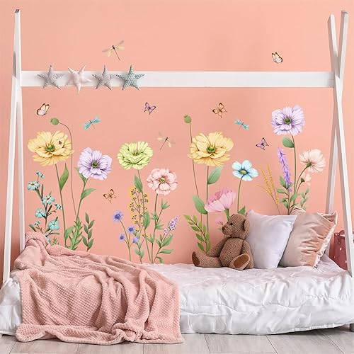 Miniatura 5 de Calcomanías de pared de flores silvestres de campo, flores de primavera, mariposa, calcomanías de pared removibles para dormitorio de niñas, sala de