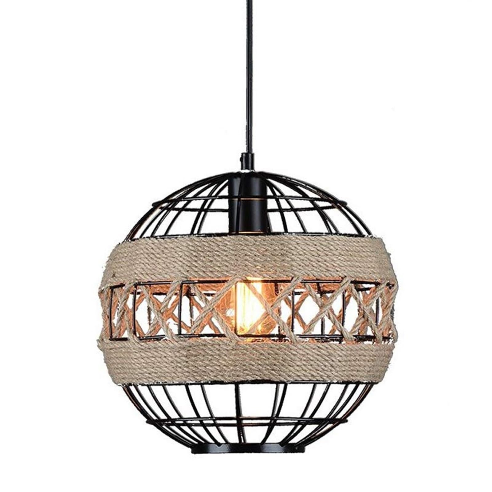BLOOHK Industrial Hemp Rope Pendant Light, Globe Metal Cage Chandelier, Rustic Hand-Woven Hanging Lamp for Kitchen Island, Foyer, Nautical Coastal Farmhouse Decor