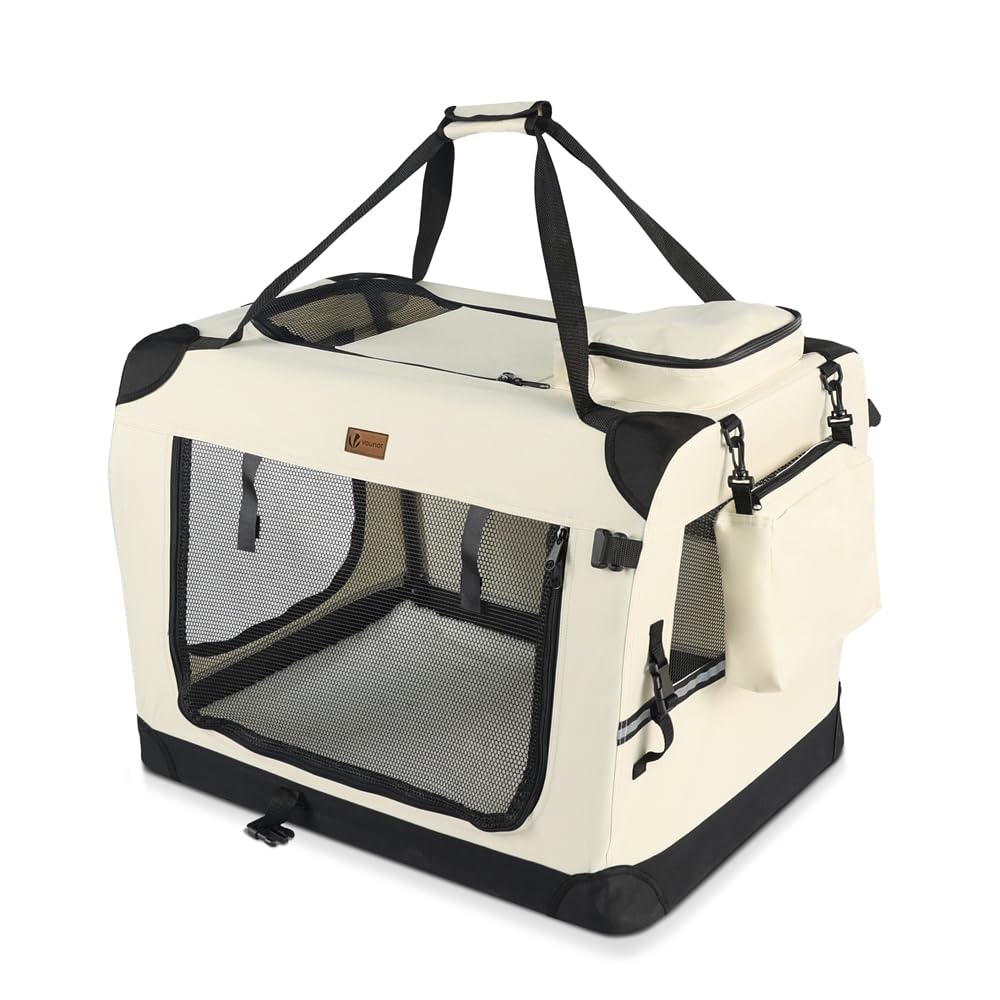 VOUNOT Transportín Perro Gato M 60x44x44cm, Bolsa Transporte Transpirable Mascotas con Bolsillos Alfombrilla Extraíble Tira Reflectante, Caja Plegable Transportadora Portador de Viaje Mascotas, Beige