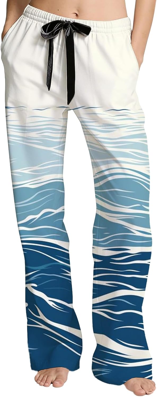 Women Floral Wide Leg Pants Drawstring Elastic Waist Soft Comfy Lounge Pajama Casual Daily Boho Trousers