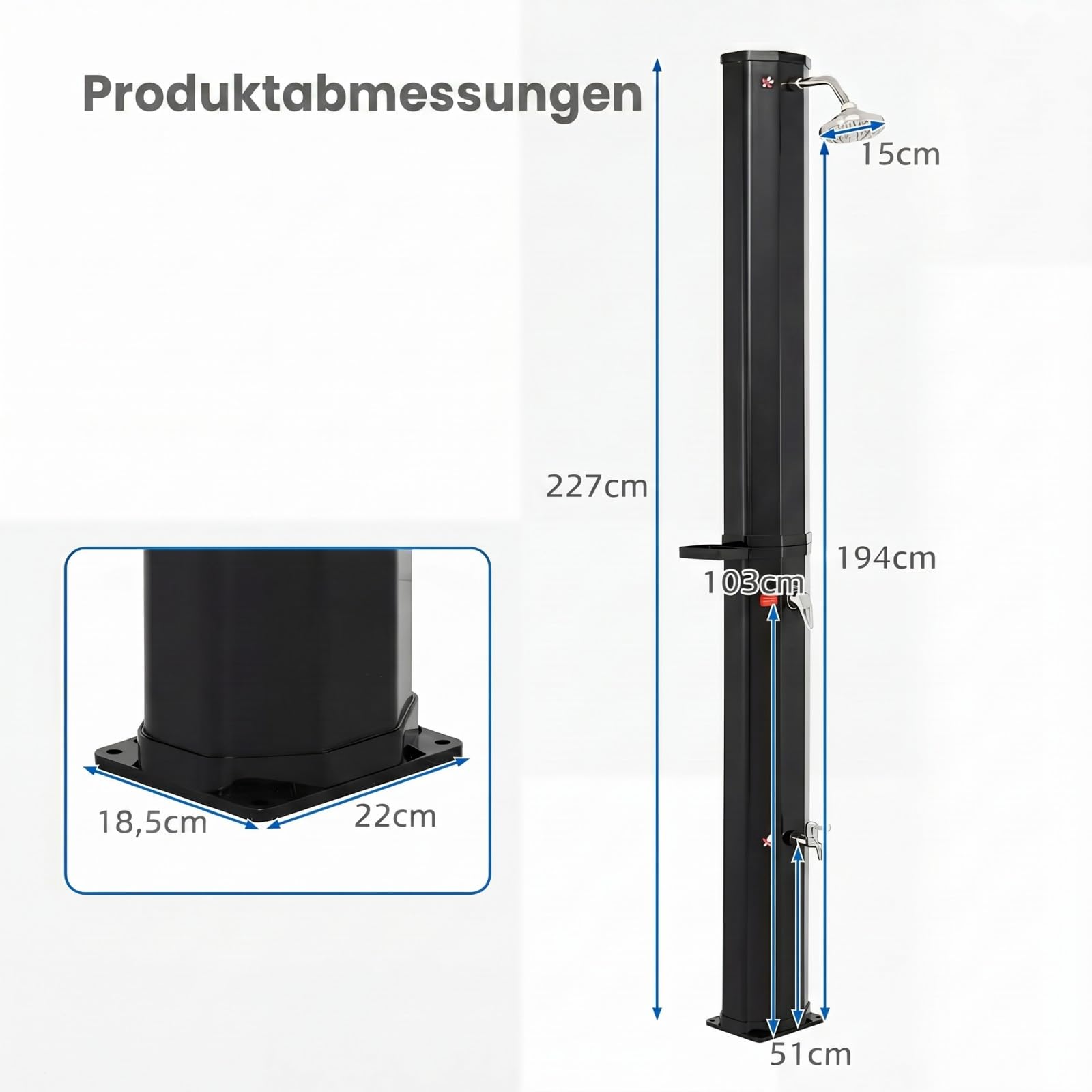 SOARS Solardusche, 60L Gartendusche mit Warmwasser bis 60°C (Schwarz) | Solar Dusche mit Ablage, Außendusche mit drehbarem Duschkopf, Fußdusche & Schutzhaube, Pooldusche ohne Strom für Garten, Pool
