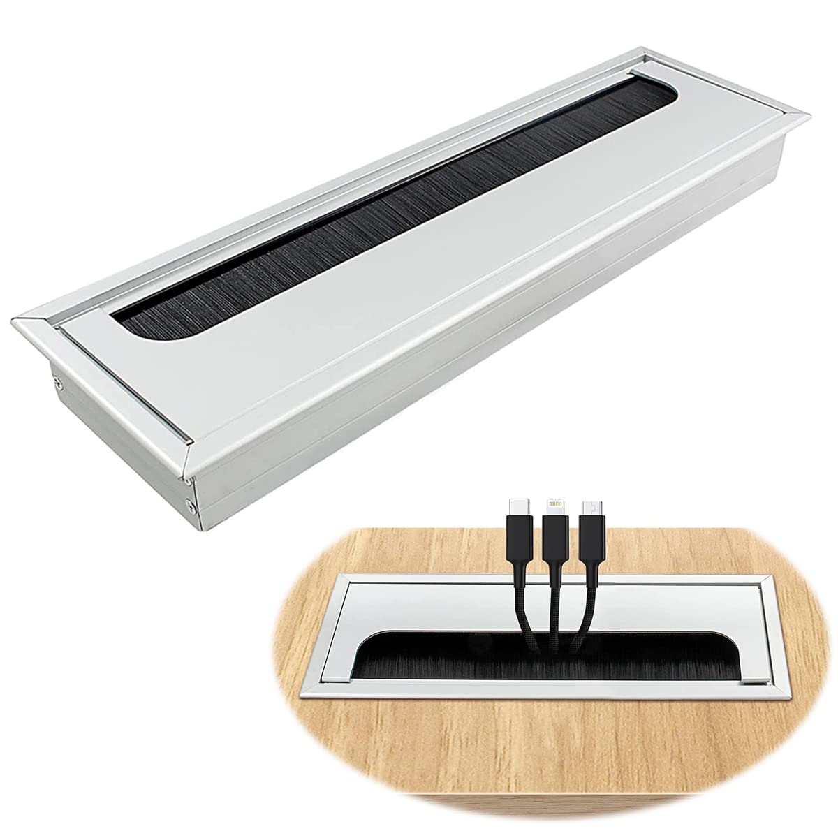 HASTHIP® Rectangular Wire Cable Hole Cover with Dust-Proof Brush, Aluminum Metal Cable Organizer, Wire Manager for Table, ...