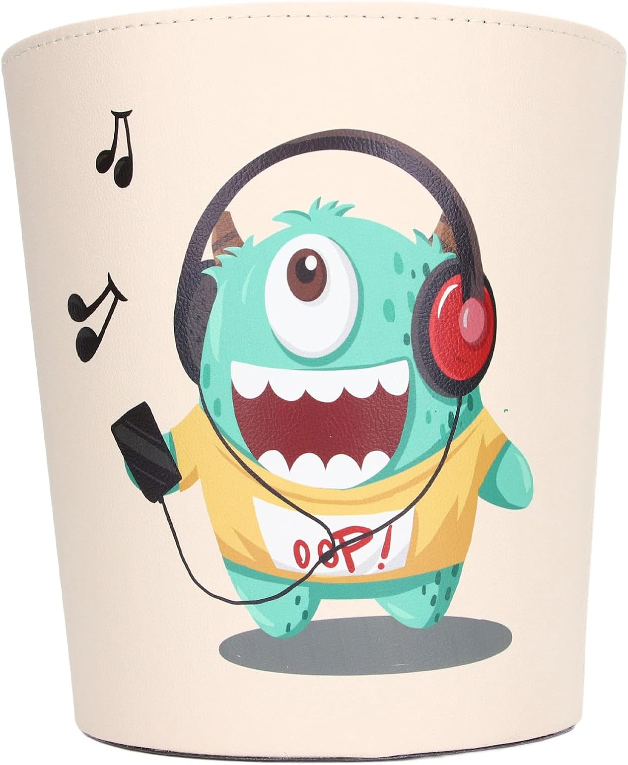 Cartoon Trash Can with Green Design, Large Capacity PU Leather Trash Bin, Cute Waste Basket with Anti Slip Base for Kids Room, Office and Home Use