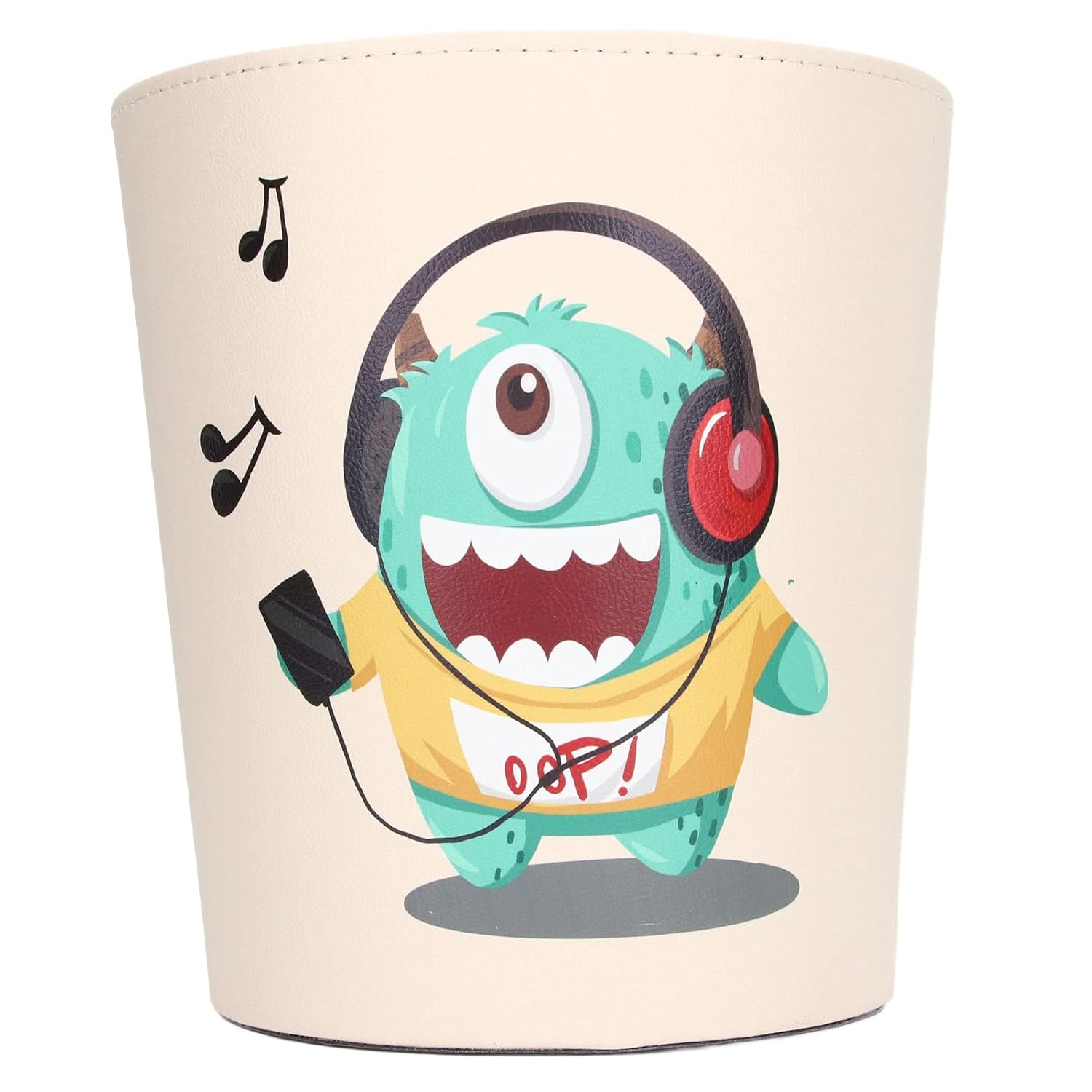 Cartoon Trash Bin, Non-Slip Base PU Leather Monster Green Large Capacity Waterproof Large Gauge Design for Bedroom Decor