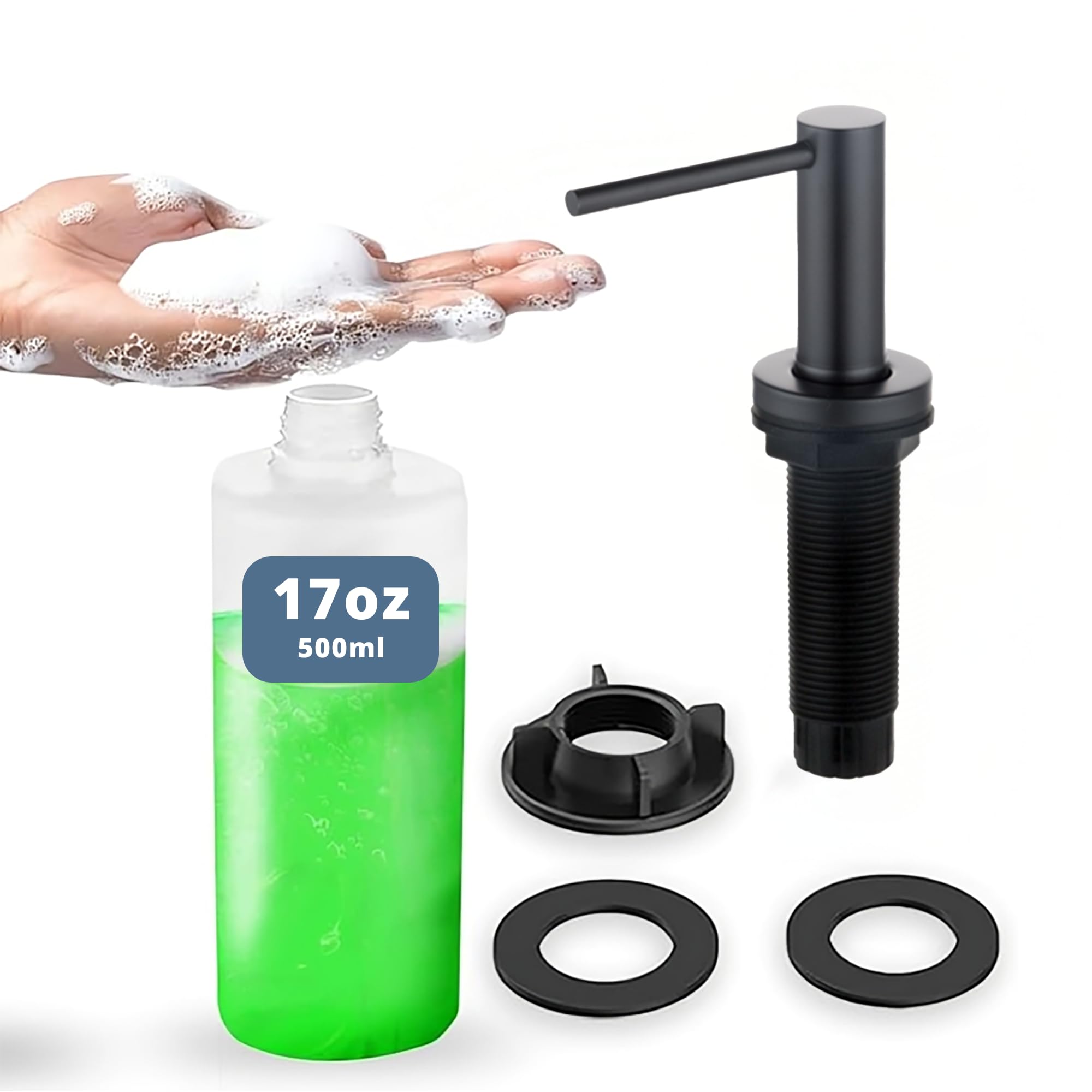 SBEN Dispensador de jabón para fregadero de cocina, bomba de encimera para jabón o loción de manos, botella integrada de 17 onzas, diseño de acero inoxidable mejorado con fácil instalación de tornillo