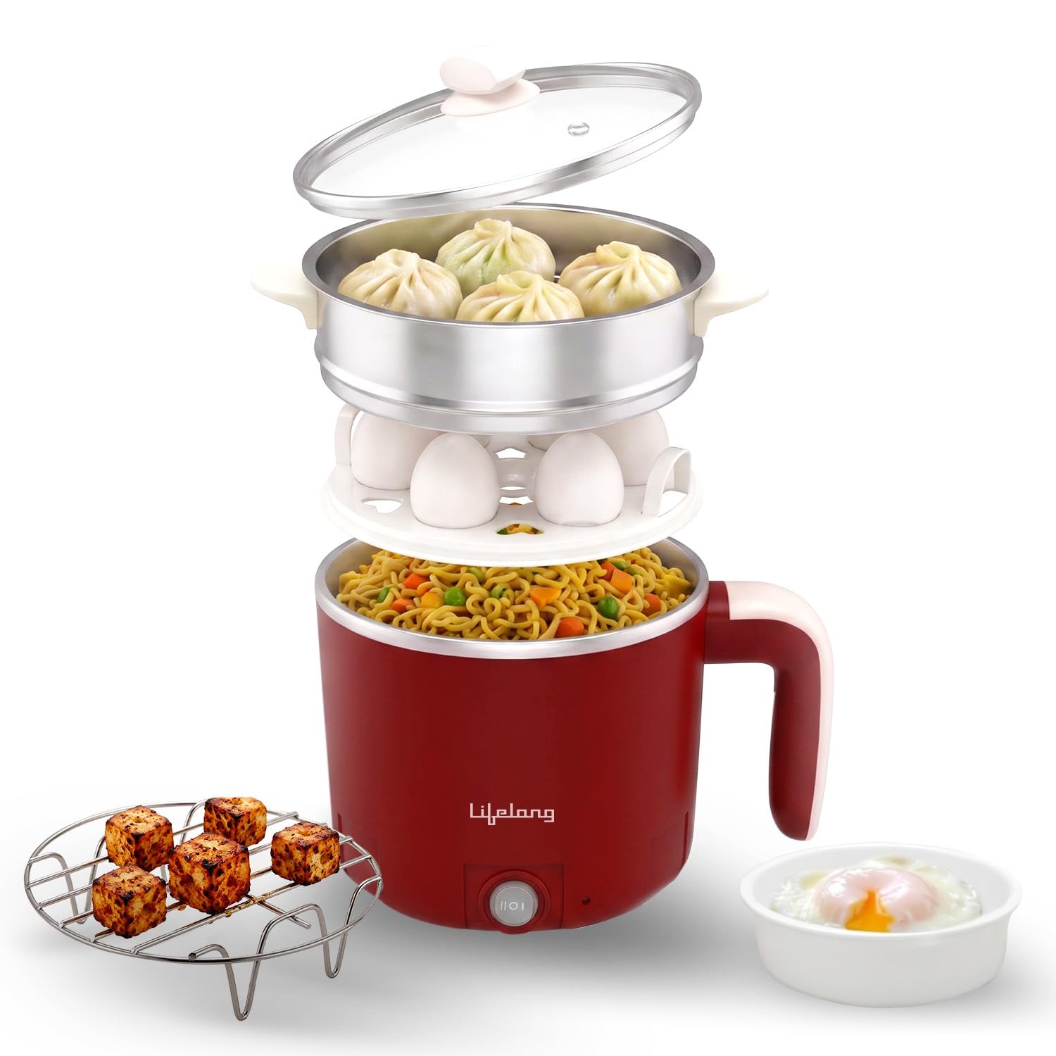 Lifelong Multipurpose Kettle | Multi Cooker Electric Kettle with Egg Tray, 1.2L Stainless Steel Body, Auto Cut Off, 300W Slow Heat & 650W Quick Boil | Boil Rice, Steam & Cook Vegetables, Eggs & Momos-image-25