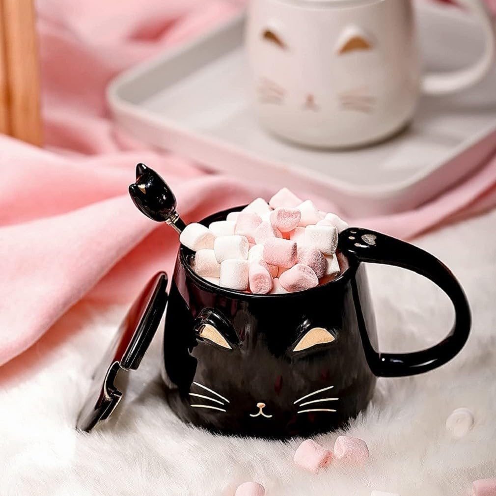 Set of 2 Kawaii 450ml Cat Mug with Lid and Spoon - Pink and Black - Porcelain - Tea Cup Coffee Original Japanese Gift Idea