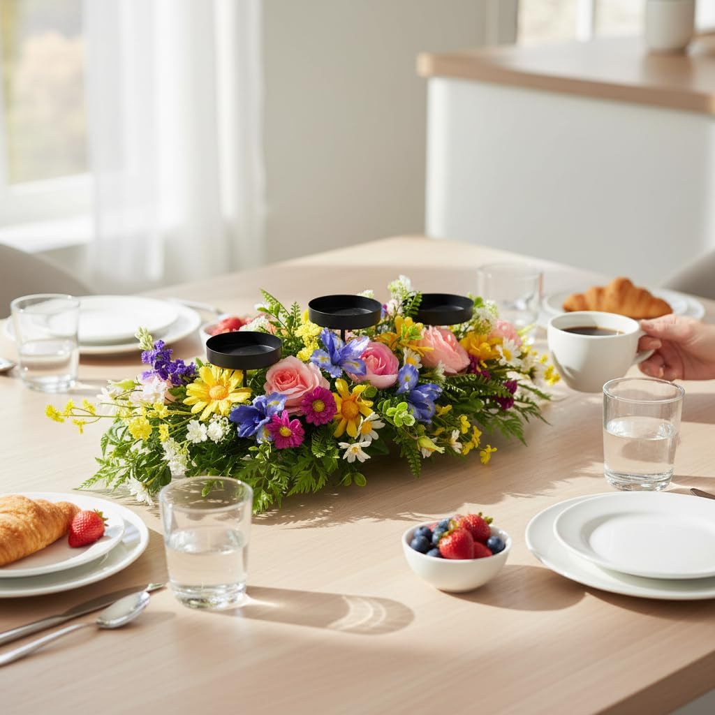 Spring Summer Centerpiece with 3 Candle Holders, 24 Inch Colorful Artificial Wildflower Arrangement with Roses, Daisies, and Irises, Ideal for Farmhouse and Country Style Table Decorations