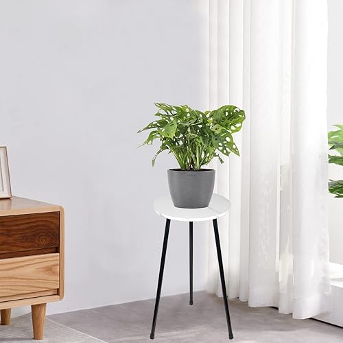 Miniatura 4 de ARTORA Soporte para plantas de interior, taburete de madera de mediados de siglo, esquina blanca ajustable, textura de mármol arena, mesa auxiliar