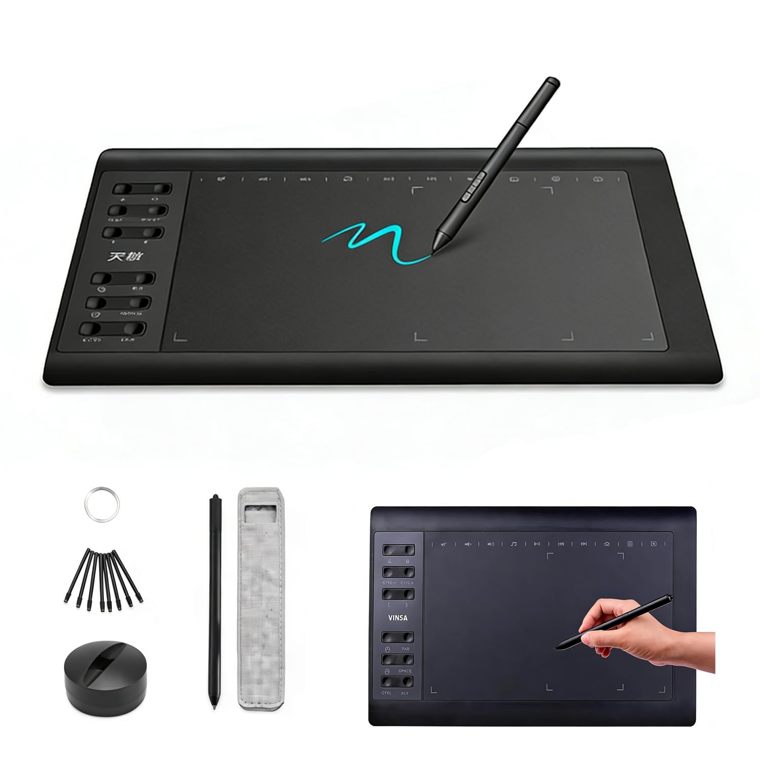 Tableta gráfica, tableta de dibujo, pantalla grande de 10 x 6 pulgadas, lápiz profesional sin sensibilidad a la presión de la batería, compatible con diferentes dispositivos, ideal para pintar, cursos