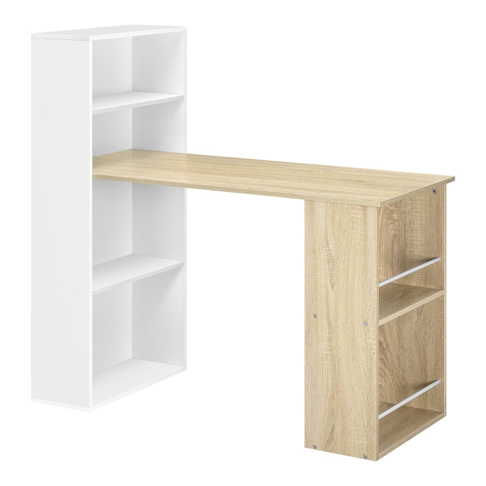 eSituro Scrivania Ufficio Compatta con Libreria Integrata - Design Salvaspazio per Studio/Camera, 120x55x122 cm, Bianco Lucido e Rovere Naturale