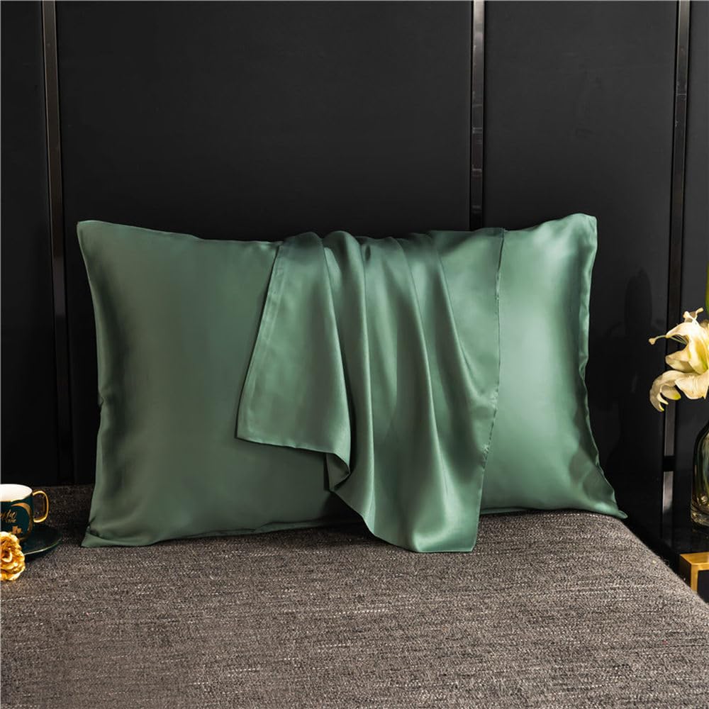 Set di 2 federe per cuscini in seta di gelso, tinta unita, design a busta, verde, 50 x 70 cm, biancheria da letto lussuosa per un sonno confortevole, federe morbide e traspiranti