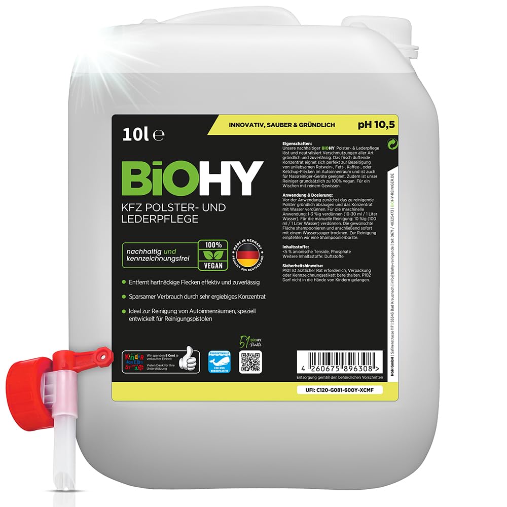 BiOHY Nettoyant cuir et habitacle de la voiture (Bidon de 10l) + Robinet | entretien de l'intérieur de la voiture | shampoing nettoyant | odeur agréable | Détachant pour sièges d'auto (KFZ Polster)
