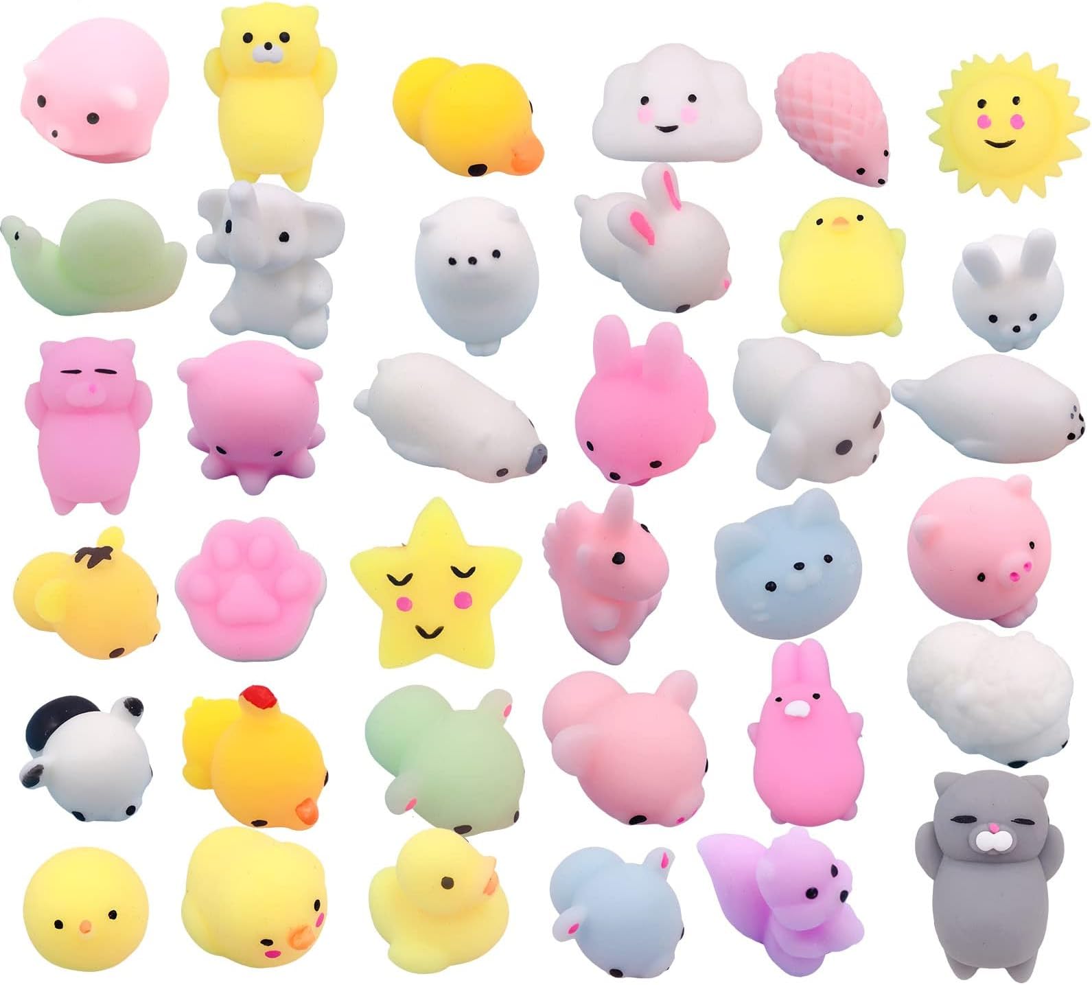 Mochi Squishy Toys, Animals Fruit Stress Relief SquishiesToys Bulk for Kids Goodie Bag Stuffers-50 Pcs