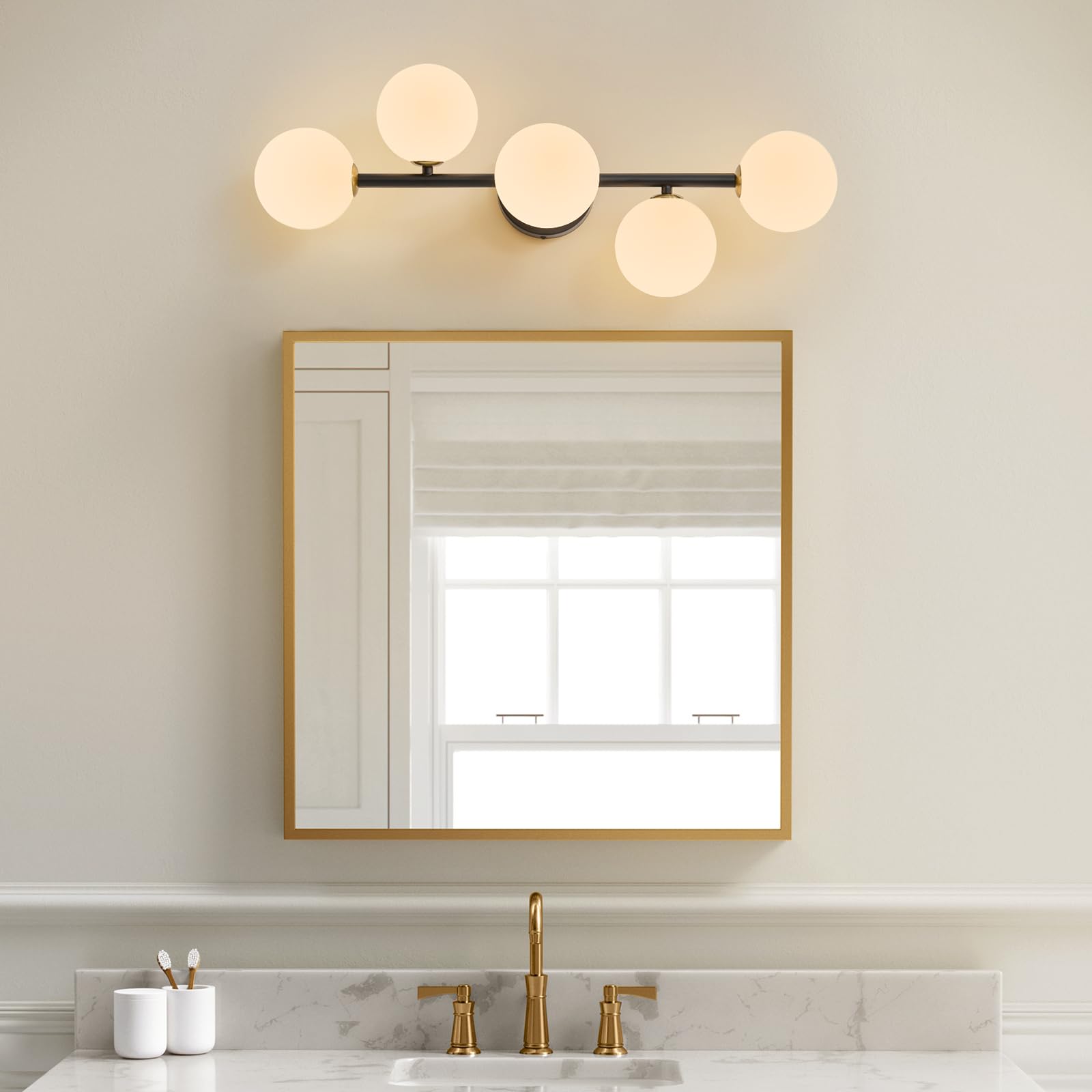 Bathroom Vanity Mirror Light Fixtures: 5 Lights Bath Wall Sconce Lighting - Brass Black Vanity Lights with Milk Glass Shade - Modern Minimalist Makeup Light Fixture Above Mirror for Hallway G9 Base