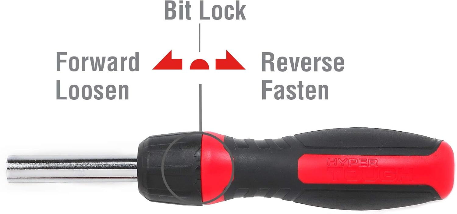 Diagram showing the ratcheting mechanism selector on the Hyper Tough screwdriver handle