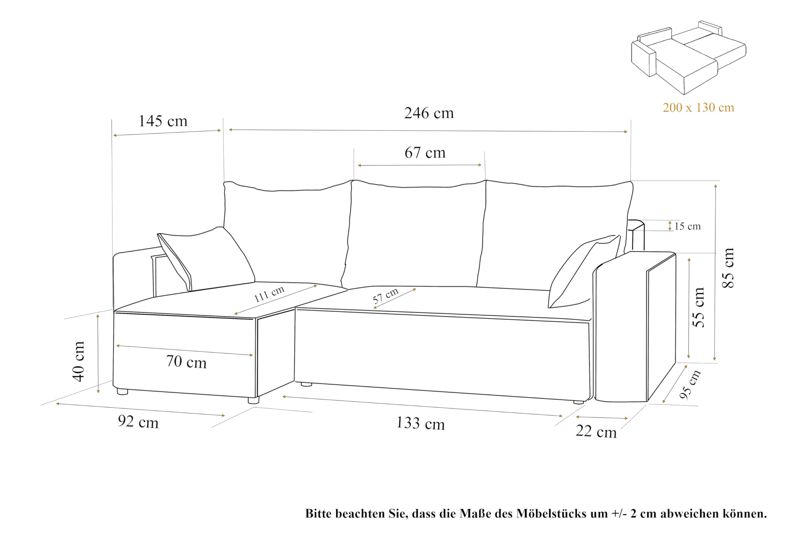 Ecksofa mit Schlaffunktion Tobi 246x145 cm - Couch - Sofa mit Bettkasten - Eckcouch - L-Form - Schlaffsofa - Schlafsofa mit Bettkasten - Universal (Cord Poso 14 Flaschengrün)