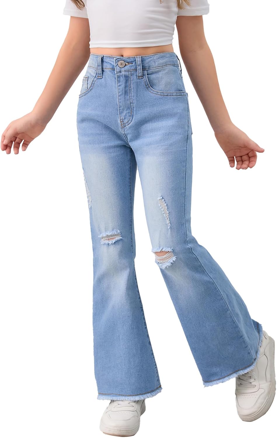 SHENHE Girl's High Waisted Flare Leg Jeans Split Raw Hem Denim Pants with Pockets