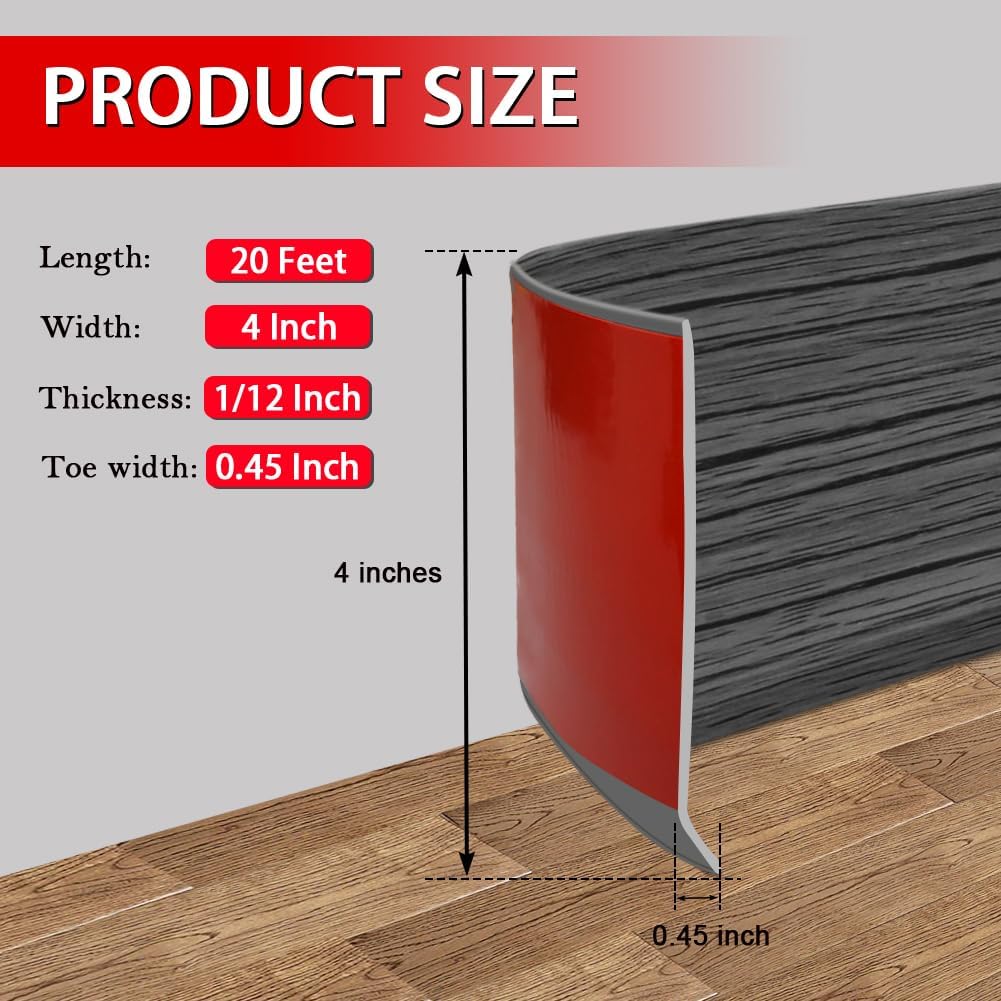 FONUNO Vinyl Wall Base Baseboard Molding Trim 4" Flexible Self Adhesive Rubber Wall Base Moulding Trim Peel and Stick Design, 4 Inch x 20 Feet, Dark Gray Wood Grain