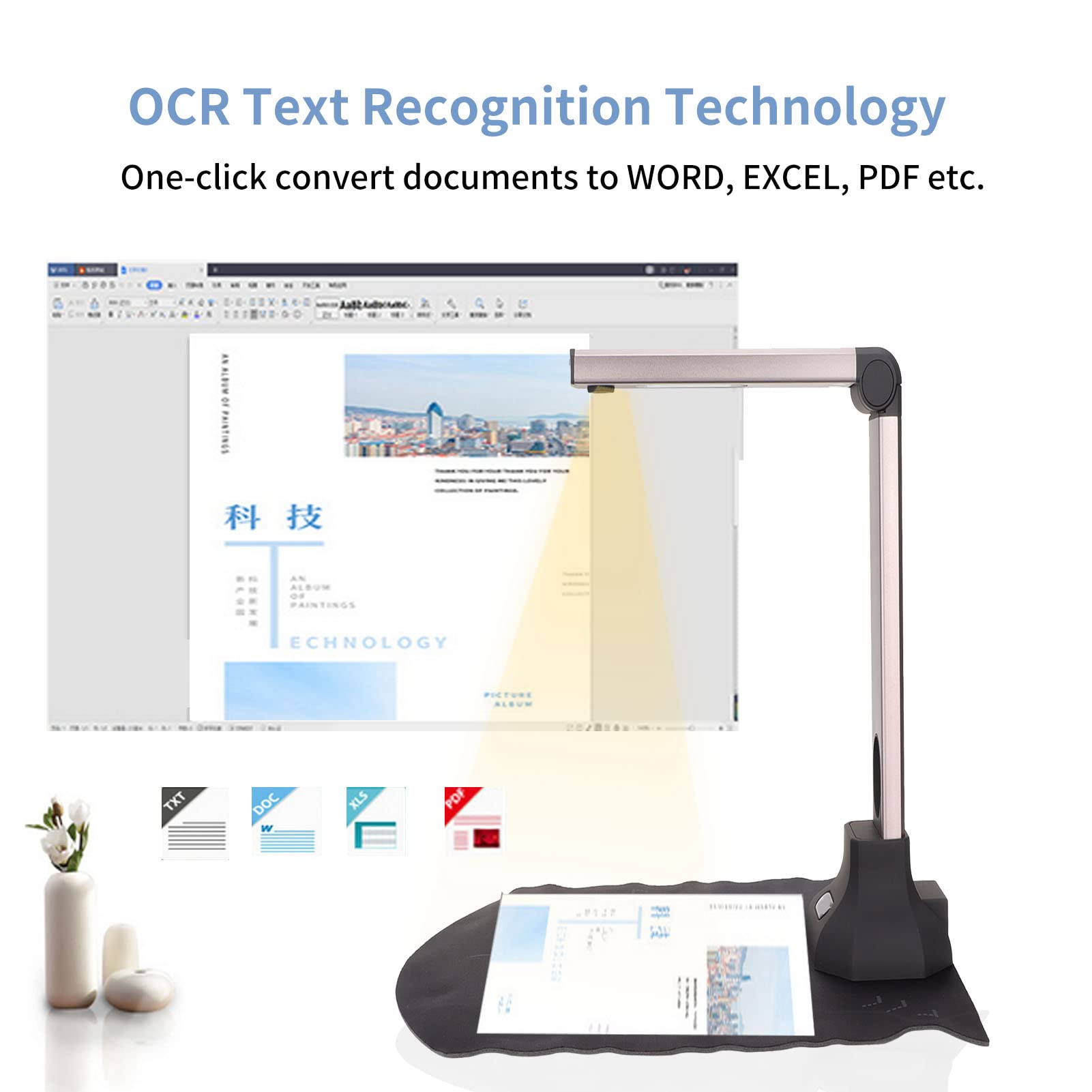 Document Camera, 12MP Book Document Scanner with OCR, Auto-Flatten & Deskew, Capture A4, Auto Focusing, Portable USB Document Scanner Support Convert to PDF, Word, Excel,TXT