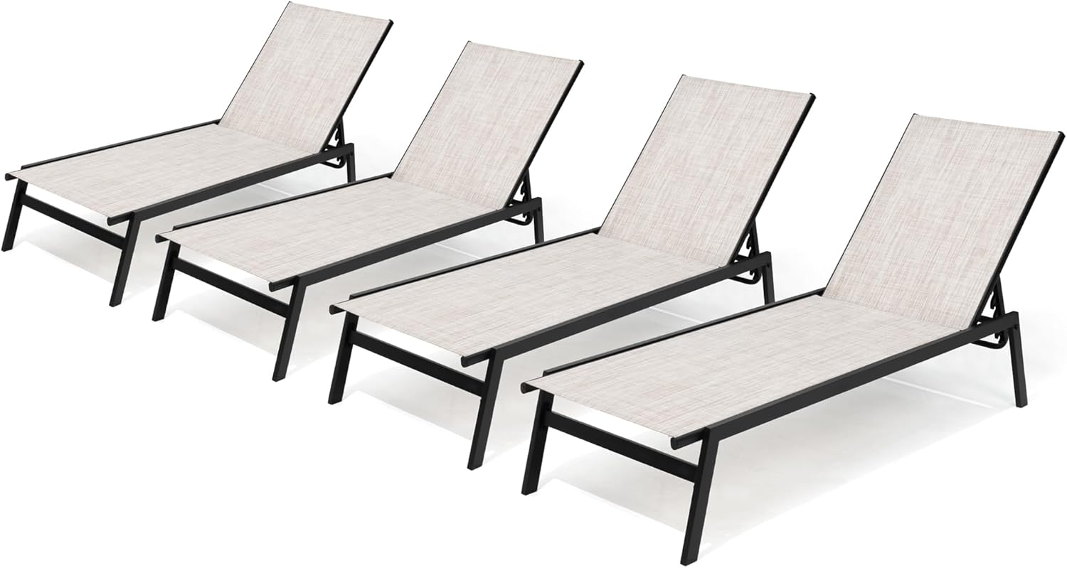 Crestlive Products Stackable Outdoor Chaise Lounge Chairs Set of 4 with 5-Position Adjustable Back for Patio, Beach, Yard, Pool (Beige)