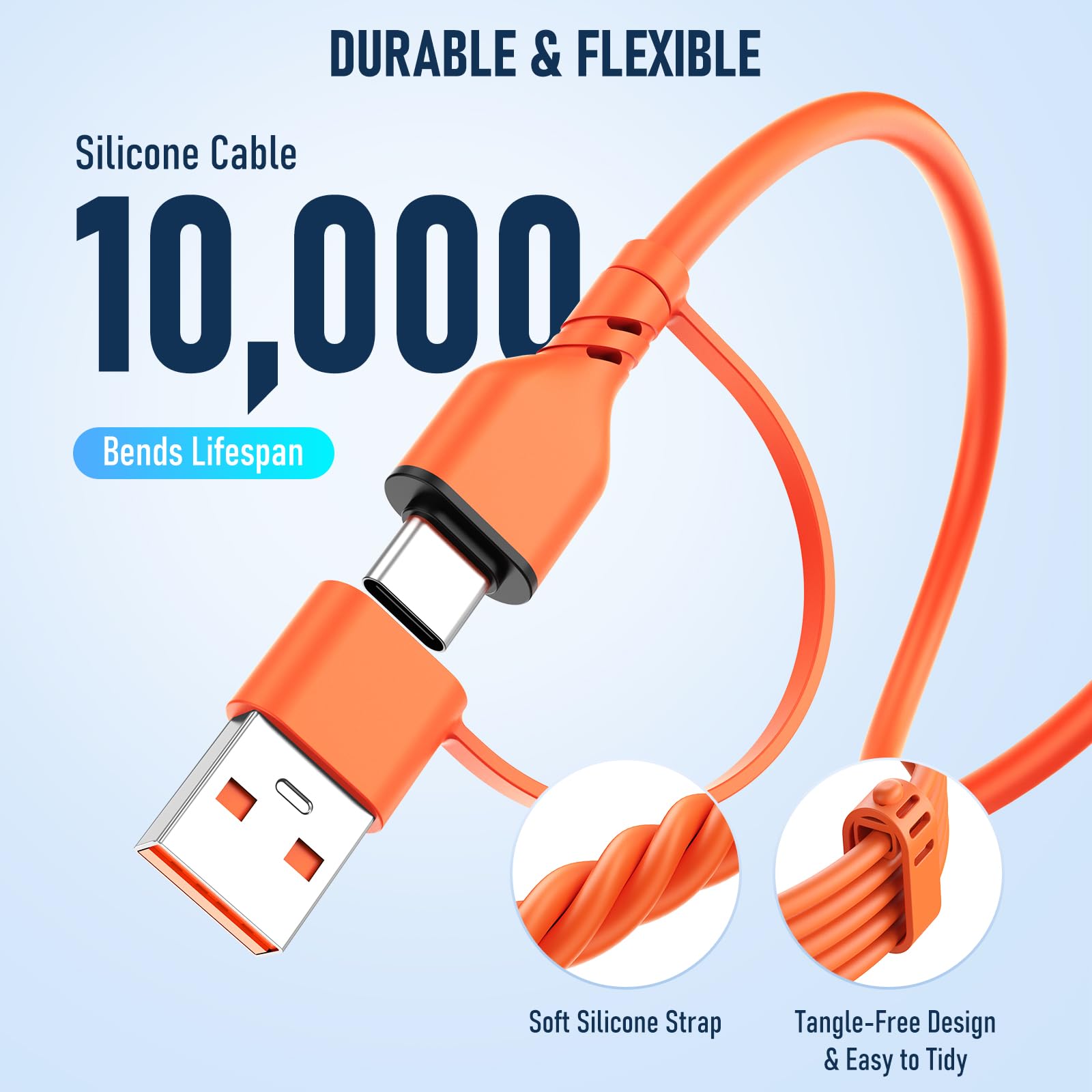 Travel Essentials Câble de charge 3 en 2 en silicone 100 W USB A/C vers double USB C/pour Apple Watch, câble de charge rapide compatible avec iPhone 17-15, iPad, MacBook, appareils de type C 1,5 m