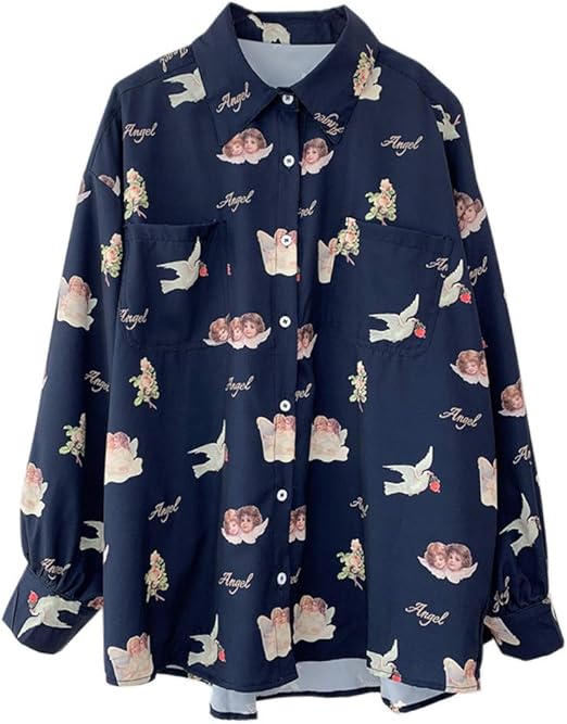 Amazon Dokuichigo ブラウス シャツ レディース 天使 韓国ファッション エンジェル オルチャン 春 ブラック シャツ ブラウス 通販