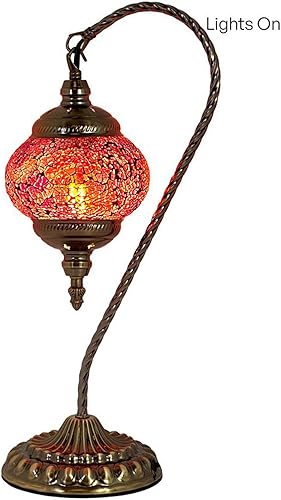 Miniatura 3 de SILVERFEVER Lámpara turca de mosaico, farol marroquí de cristal con cuello de cisne para mesa, escritorio, mesita de noche, base de bronce, paquete