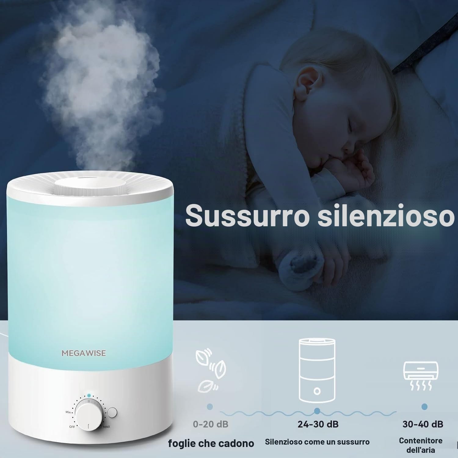 Umidificatore a ultrasuoni a nebbia fredda MEGAWISE da 3,5 l - Umidificatore silenzioso con riempimento dall'alto, vassoio per oli essenziali e luce notturna a 7 colori
