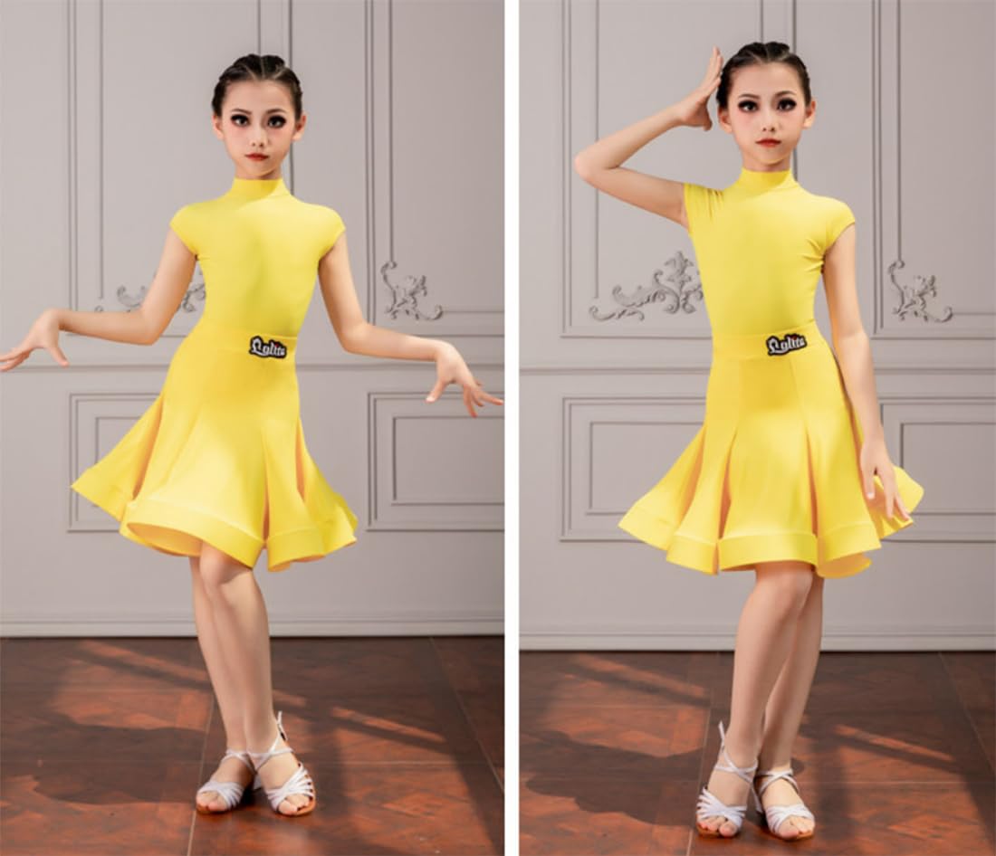OTMYIGO Vestido de Baile para niñas, Vestidos de Baile de salón para niñas Ropa de Baile de Rumba Samba y Tango Falda de Baile Traje de competición Latina