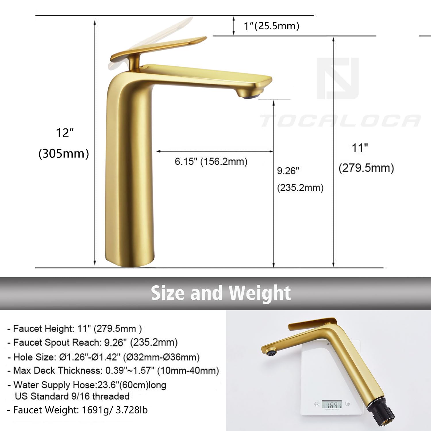 TOCALOCA Tall Bathroom Faucets Brushed Gold One Hole Single Handle Lever Faucet for Vessel Bowl Sink Premium Brass — view 5