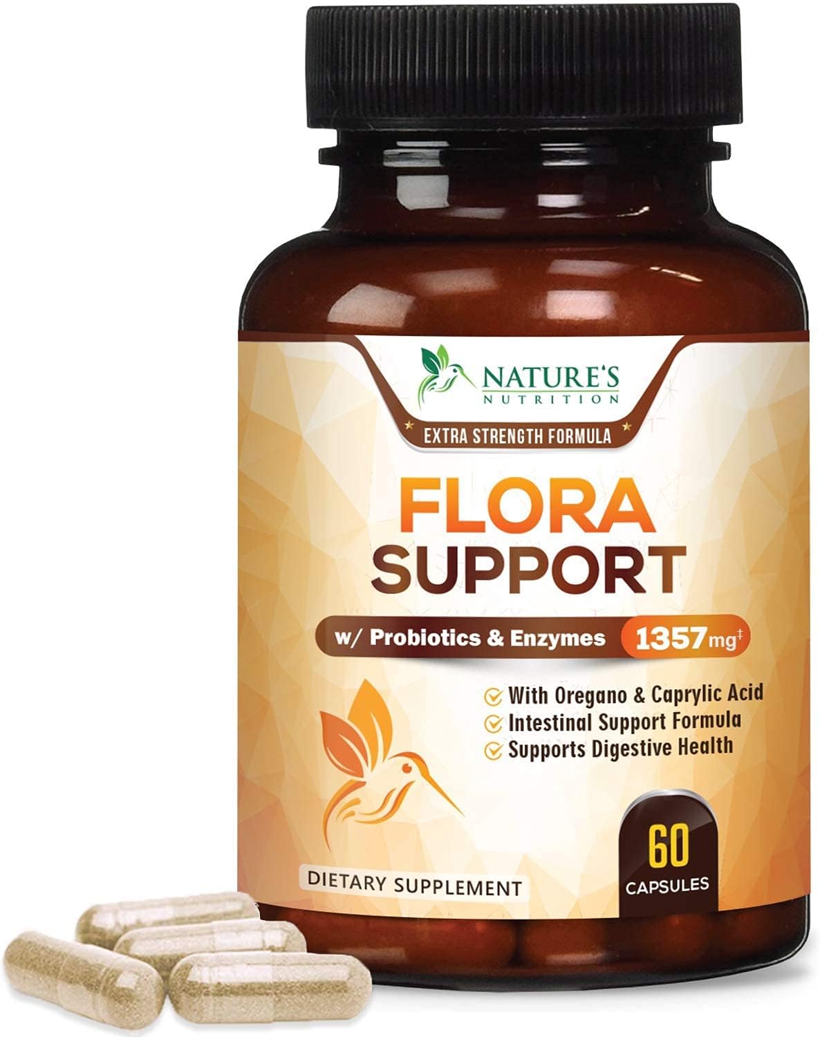 Flora Support Extra Strength with Probiotics 1357mg - Intestinal Flora Support - Made in USA - Cleansing Complex with Oregano, Black Walnut, Caprylic Acid for Women and Men - 60 Capsules