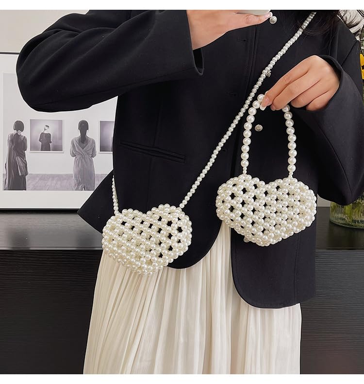 Image of Heart White Beaded Pearl Crossbody Bag Acrylic Beaded Purse Mini Wrislet Clutch Elegant Evening Bag for Party Wedding