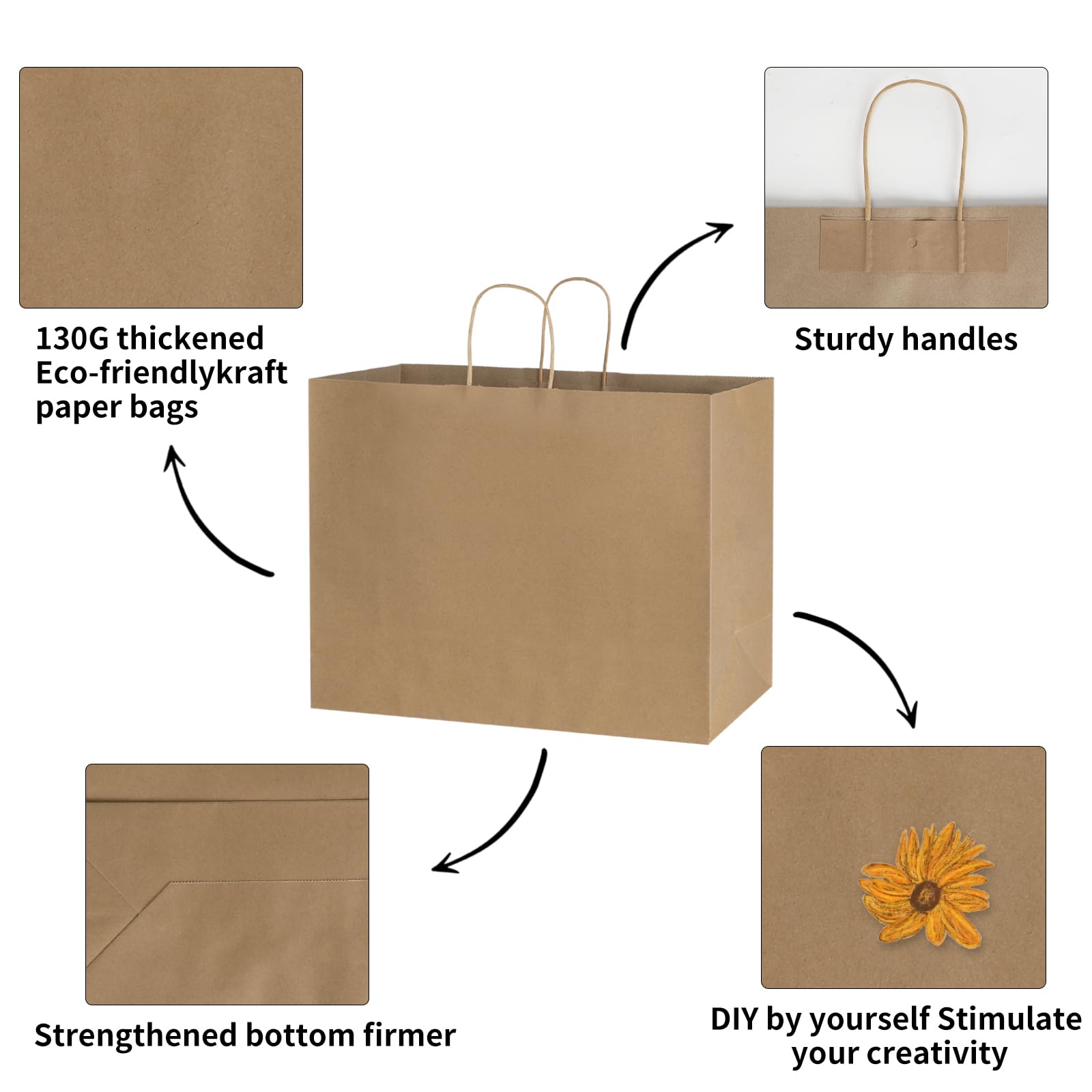 bagmad Paquete de 100 bolsas de papel kraft marrón de 16 x 6 x 12 pulgadas con asas a granel, bolsas de papel reciclado grandes, bolsas de regalo, bolsas de comestibles, bolsas de venta al por menor,