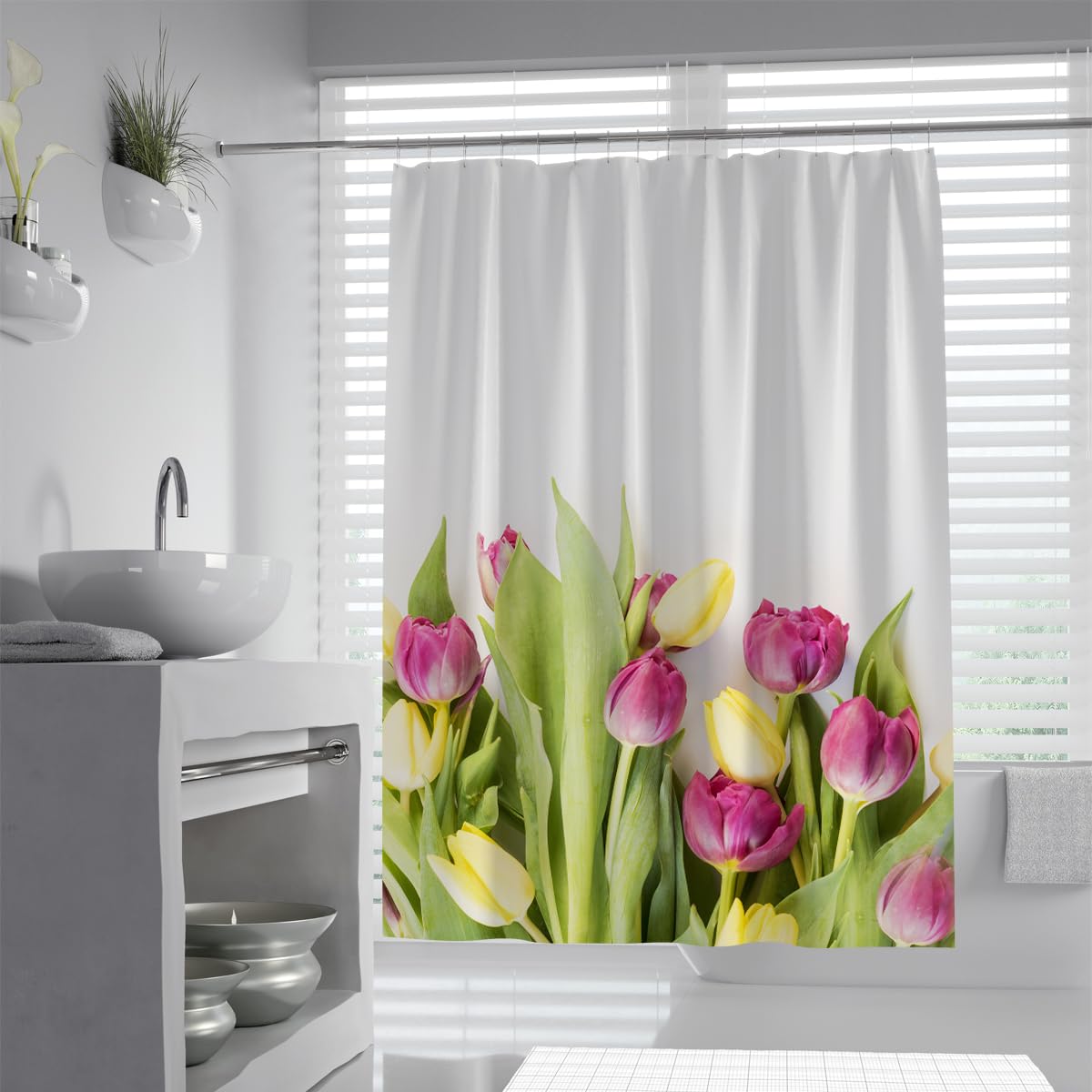 UIRINGART Purple Yellow Tulip Shower Curtain W200xL220cm Spring Floral Meadow Botanical Waterproof Quick Dry Bathtub Screen with Hooks