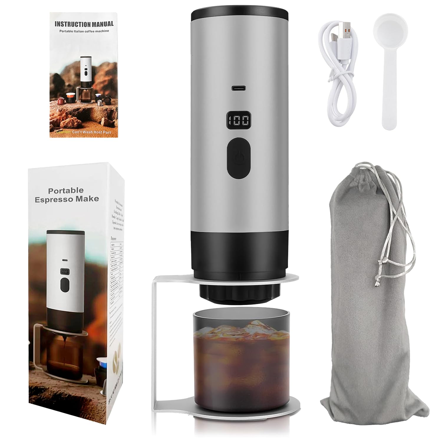 Portable Coffee Maker, 3-In-1 USB Rechargeable Cordless Mini Travel Coffee Machine with Self-Heating and LCD Display and Bracket and Storage Bag, Lightweight for Car, Camping, Hiking, Office
