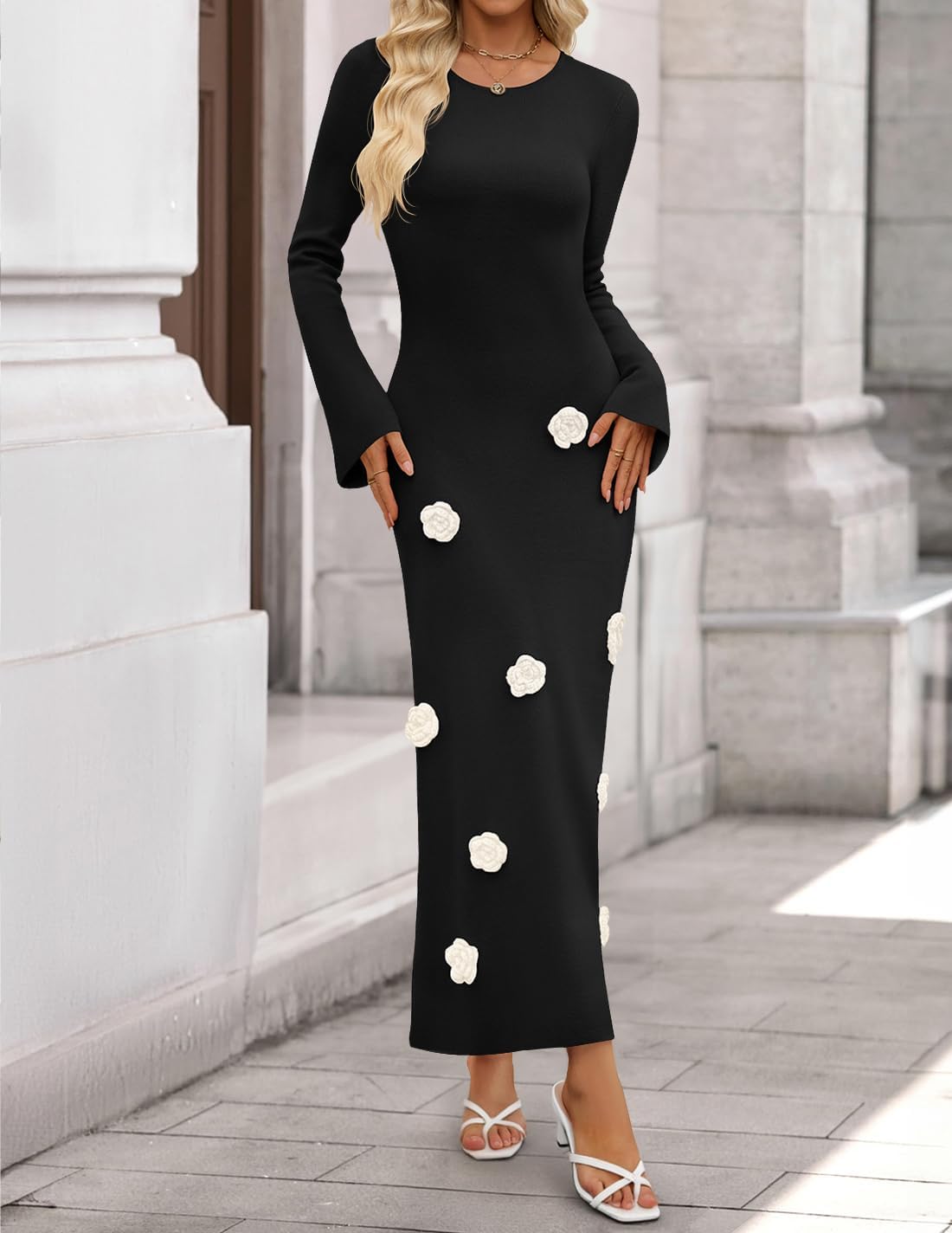 ZESICA Winter Wedding Guest Sweater Dresses for Women 2026 Elegant Formal Long Sleeve Cocktail Midi Dress - Image 3