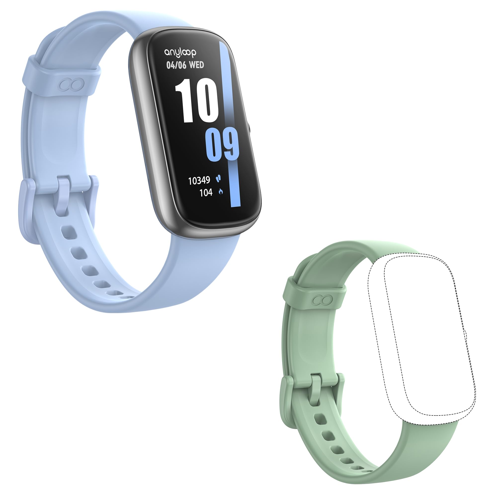 anyloop Fitness Tracker ALB1pro (SkyBlue) with 16mm Replacement Strap/Smartwatch Band (Green)