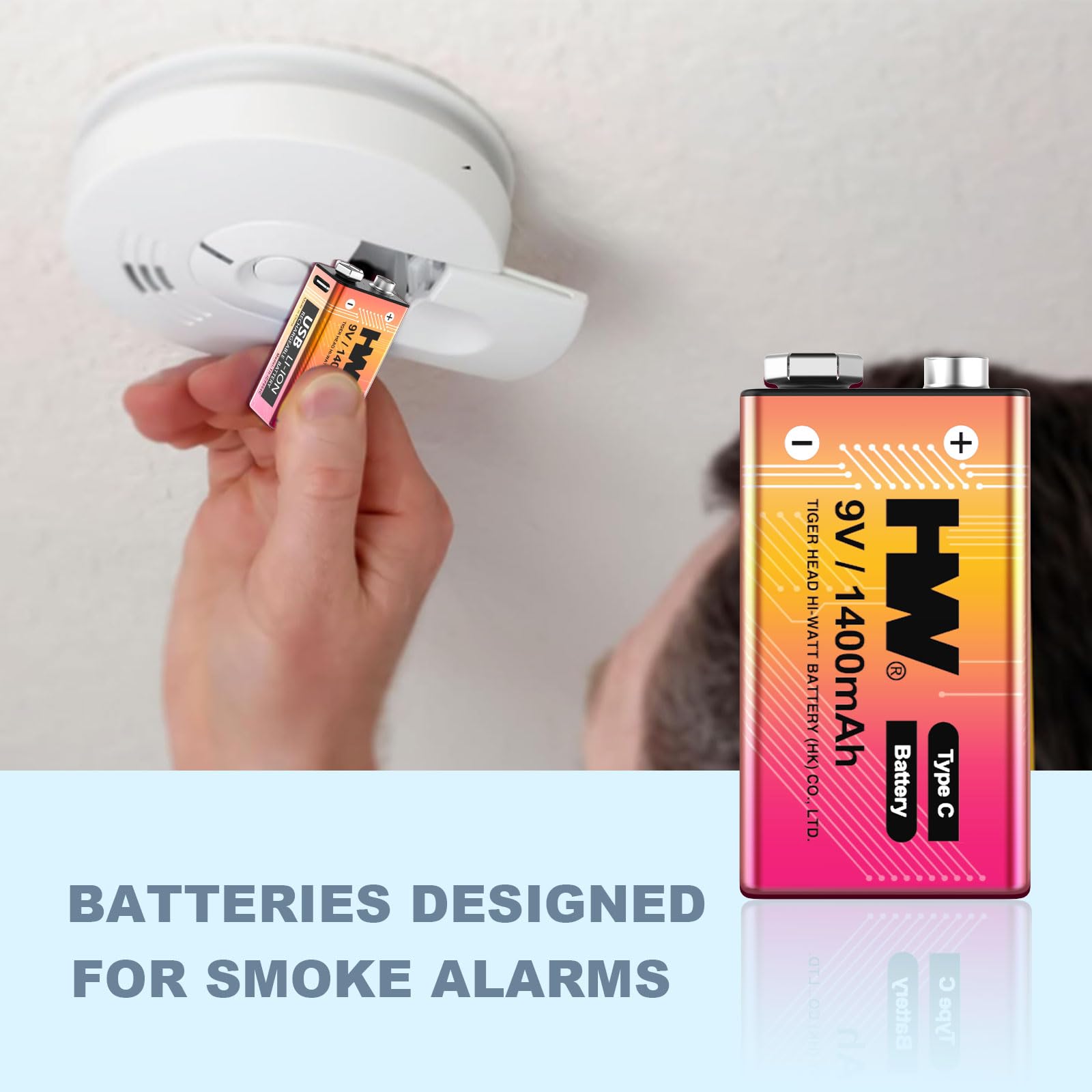 HW 9 Volt Batteries 4 Pack, 1400mAh Rechargeable Lithium Battery 9V with USB C Fast Charging Cable, 1600+ Cycles Square Baterias for Smoke Detectors, Fire Alarms, Remote Controls, Clocks and More