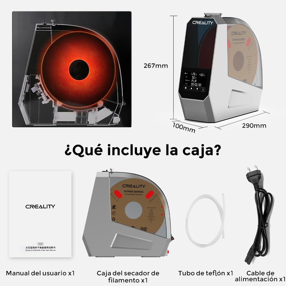 Creality Space PI Secador de Filamento, Caja Secadora de Filamento para Impresora 3D con Calentamiento 360°, Caja Deshidratadora de Filamento Mejorada Soporte PLA ABS PETG TPU 1KG 1.75/2.85mm